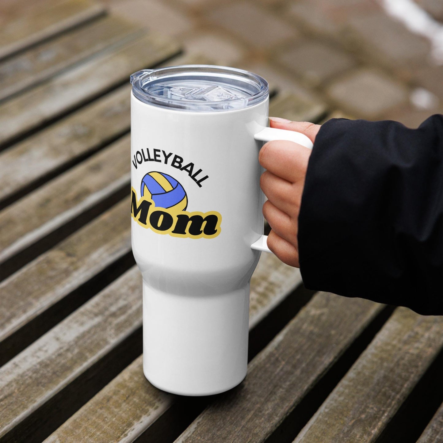 Volleyball Mom Travel Mug - Blue and Yellow