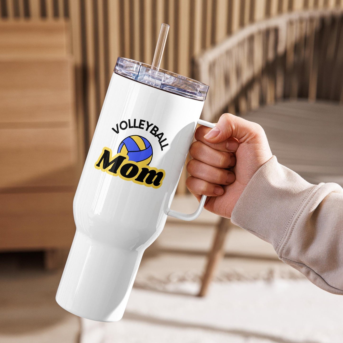 Volleyball Mom Travel Mug - Blue and Yellow